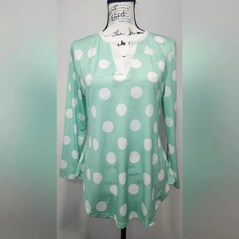 Lily by Firmiana Women's Green White Polkadot Long Sleeve V-Neck Blouse SZ M - Picture 2 of 12